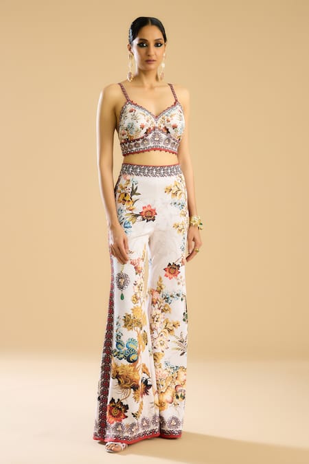 Shop_Rajdeep Ranawat_Ivory Satin Embroidery, Beads Bridgette Floral Print Bralette _Online_at_Aza_Fashions