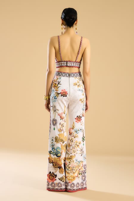 Rajdeep Ranawat_Ivory Satin Embroidery, Beads Bridgette Floral Print Bralette _at_Aza_Fashions