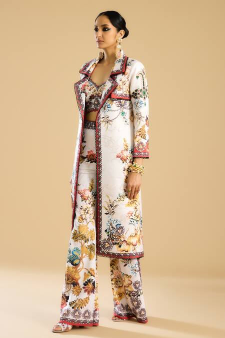 Rajdeep Ranawat_Ivory Polyester, Lycra Barika Floral Print Bell Bottom Pant _Online_at_Aza_Fashions