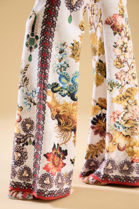 Buy_Rajdeep Ranawat_Ivory Polyester, Lycra Barika Floral Print Bell Bottom Pant _Online_at_Aza_Fashions