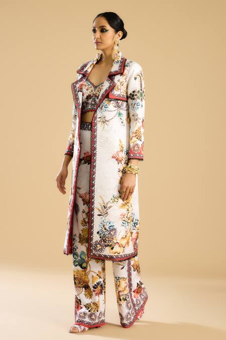 Shop_Rajdeep Ranawat_Ivory Polyester, Lycra Barika Floral Print Bell Bottom Pant _Online_at_Aza_Fashions