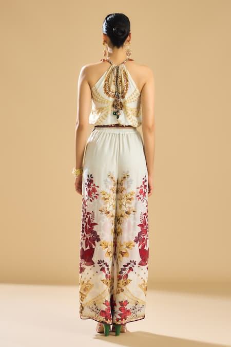 Shop_Rajdeep Ranawat_Ivory Silk Printed Jewel Halter Neck Chandani Top _at_Aza_Fashions