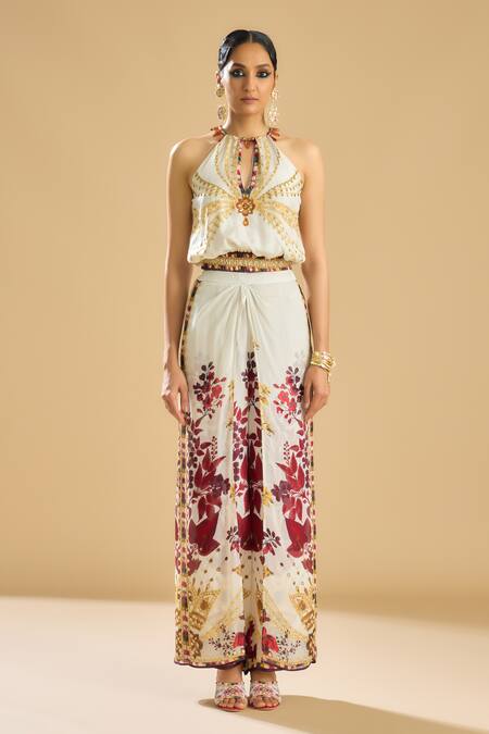 Rajdeep Ranawat_Ivory Silk Printed Jewel Halter Neck Chandani Top _Online_at_Aza_Fashions