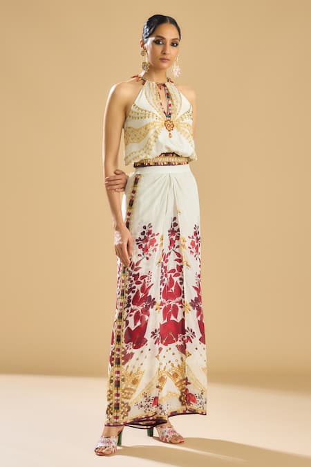 Buy_Rajdeep Ranawat_Ivory Silk Printed Jewel Halter Neck Chandani Top _Online_at_Aza_Fashions