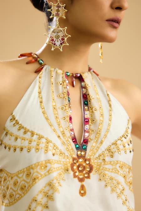 Shop_Rajdeep Ranawat_Ivory Silk Printed Jewel Halter Neck Chandani Top _Online_at_Aza_Fashions