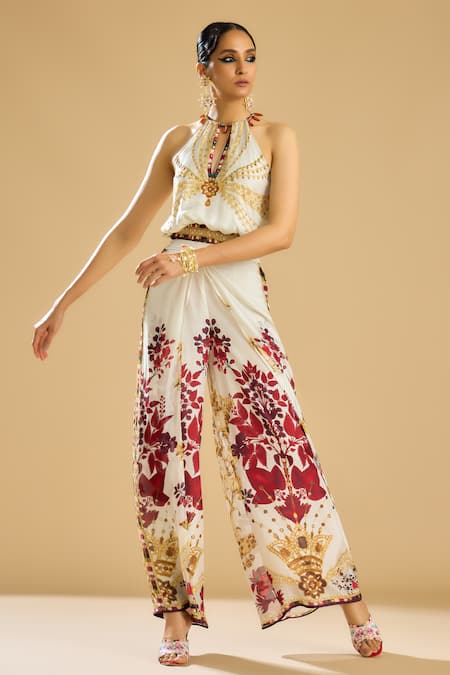 Rajdeep Ranawat_Ivory Silk Printed Jewel Halter Neck Chandani Top _at_Aza_Fashions