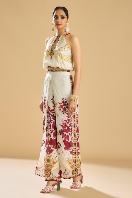 Rajdeep Ranawat_Ivory Silk, Chiffon Gulbano Printed Double Layered Pant _Online_at_Aza_Fashions