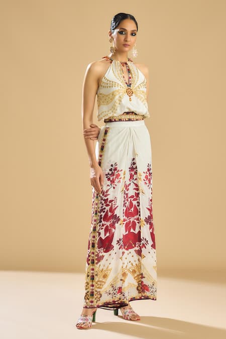 Buy_Rajdeep Ranawat_Ivory Silk, Chiffon Gulbano Printed Double Layered Pant _Online_at_Aza_Fashions