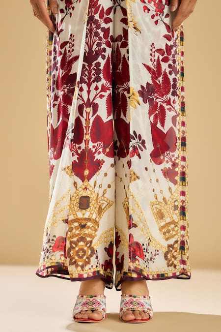 Shop_Rajdeep Ranawat_Ivory Silk, Chiffon Gulbano Printed Double Layered Pant _Online_at_Aza_Fashions