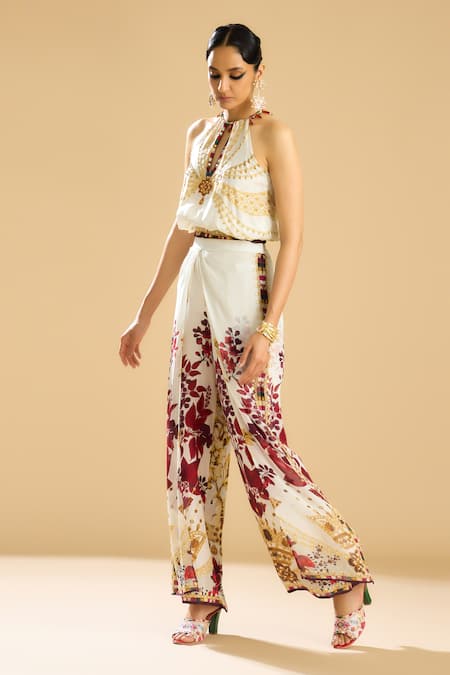 Buy_Rajdeep Ranawat_Ivory Silk, Chiffon Gulbano Printed Double Layered Pant 
