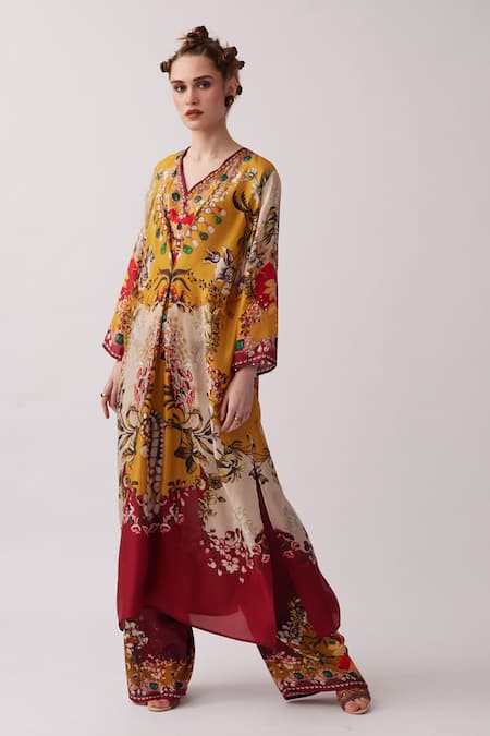 Buy_Rajdeep Ranawat_Red Silk Embroidery V-neck Banno Floral Print Kaftan _Online_at_Aza_Fashions