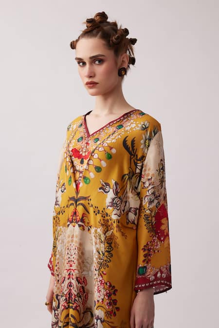 Shop_Rajdeep Ranawat_Red Silk Embroidery V-neck Banno Floral Print Kaftan _Online_at_Aza_Fashions
