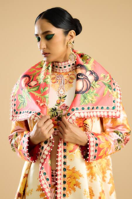 Buy_Rajdeep Ranawat_Ivory Denim Cowl Neck Manorama Garden Print Jacket _Online_at_Aza_Fashions