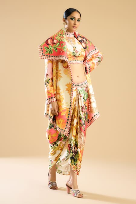 Shop_Rajdeep Ranawat_Ivory Denim Cowl Neck Manorama Garden Print Jacket _Online_at_Aza_Fashions