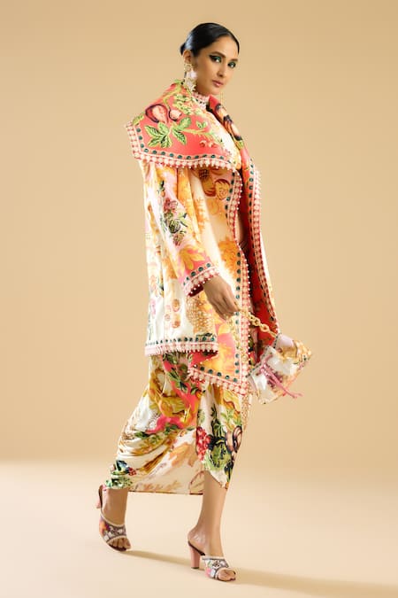 Rajdeep Ranawat_Ivory Denim Cowl Neck Manorama Garden Print Jacket _at_Aza_Fashions