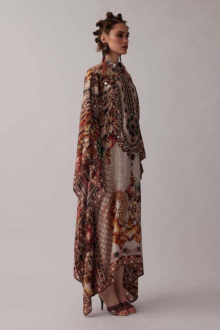 Rajdeep Ranawat_Beige Silk Mirrors, Embroidery Bandeau Neck Sharifa Floral Print Kaftan Shirt _Online_at_Aza_Fashions