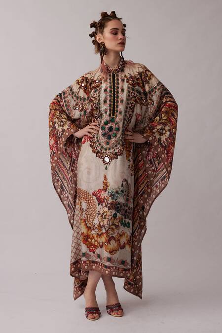 Buy_Rajdeep Ranawat_Beige Silk Mirrors, Embroidery Bandeau Neck Sharifa Floral Print Kaftan Shirt _Online_at_Aza_Fashions