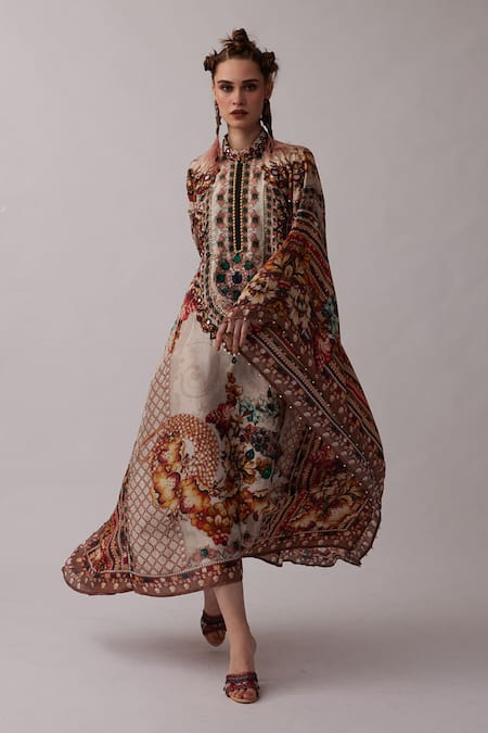 Shop_Rajdeep Ranawat_Beige Silk Mirrors, Embroidery Bandeau Neck Sharifa Floral Print Kaftan Shirt _Online_at_Aza_Fashions
