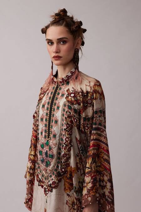 Rajdeep Ranawat_Beige Silk Mirrors, Embroidery Bandeau Neck Sharifa Floral Print Kaftan Shirt _at_Aza_Fashions