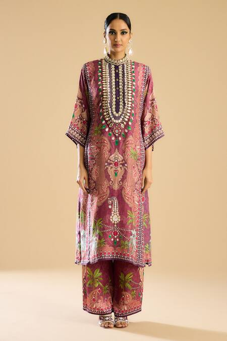 Rajdeep Ranawat Pink Silk Embroidery, Mirrors Bandeau Neck Ghazala Floral Print Tunic Online at Aza Fashions Rajdeep Ranawat_Pink Silk Embroidery, Mirrors Bandeau Neck Ghazala Floral Print Tunic _Online_at_Aza_Fashions