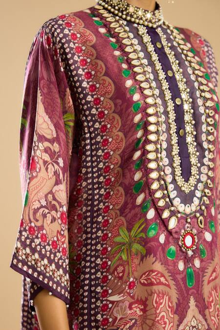 Shop Rajdeep Ranawat Pink Silk Embroidery, Mirrors Bandeau Neck Ghazala Floral Print Tunic Online at Aza Fashions Shop_Rajdeep Ranawat_Pink Silk Embroidery, Mirrors Bandeau Neck Ghazala Floral Print Tunic _Online_at_Aza_Fashions
