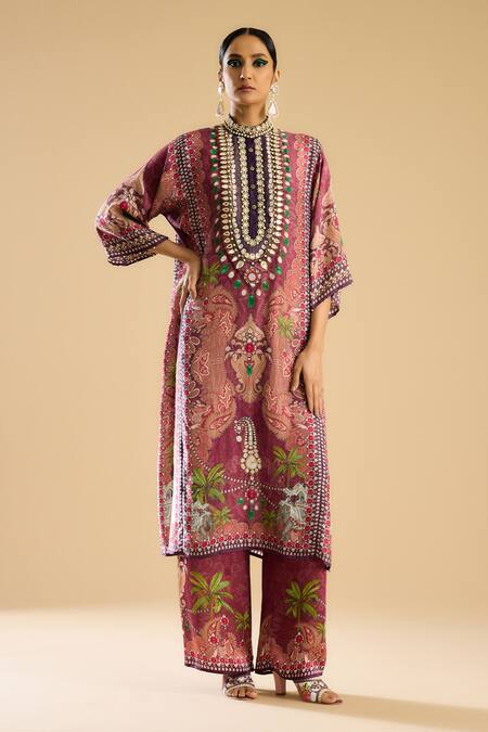 Shop_Rajdeep Ranawat_Pink Modal, Satin Permaz Tropical Print Palazzo _Online_at_Aza_Fashions