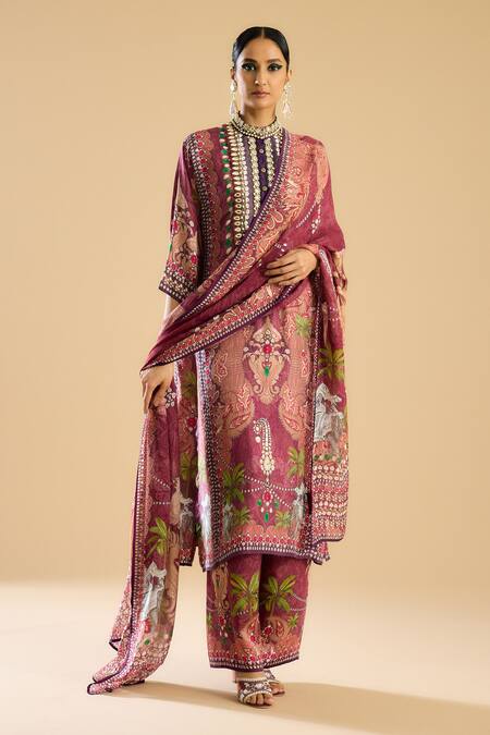 Rajdeep Ranawat_Pink Chiffon Embroidery Behroom Floral Print Dupatta _Online_at_Aza_Fashions