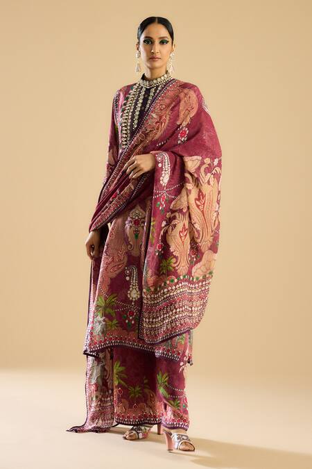 Buy_Rajdeep Ranawat_Pink Chiffon Embroidery Behroom Floral Print Dupatta _Online_at_Aza_Fashions