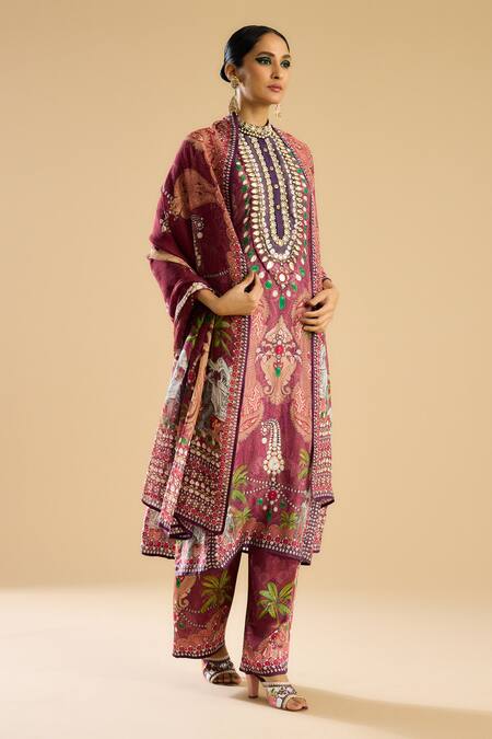 Shop_Rajdeep Ranawat_Pink Chiffon Embroidery Behroom Floral Print Dupatta _Online_at_Aza_Fashions