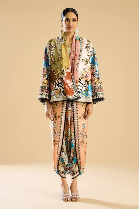 Rajdeep Ranawat_Ivory Silk, Denim Mirrors, Embroidery Shawl Neck Vagma Flower Print Jacket _Online_at_Aza_Fashions