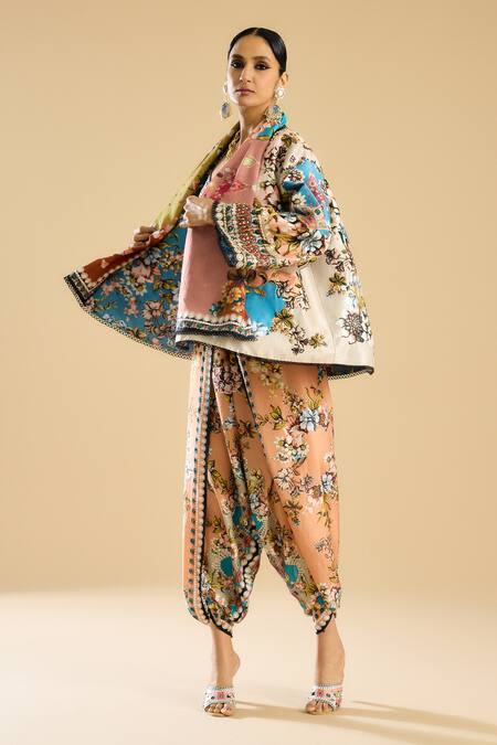 Buy_Rajdeep Ranawat_Ivory Silk, Denim Mirrors, Embroidery Shawl Neck Vagma Flower Print Jacket _Online_at_Aza_Fashions