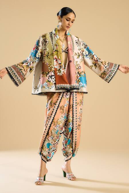 Rajdeep Ranawat_Ivory Silk, Denim Mirrors, Embroidery Shawl Neck Vagma Flower Print Jacket _at_Aza_Fashions