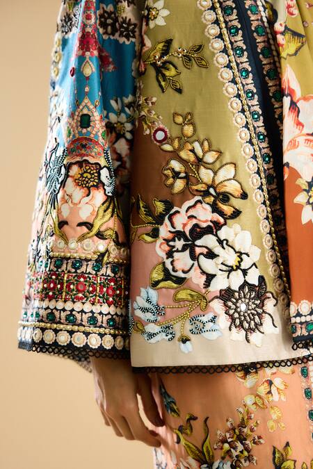 Buy_Rajdeep Ranawat_Ivory Silk, Denim Mirrors, Embroidery Shawl Neck Vagma Flower Print Jacket 