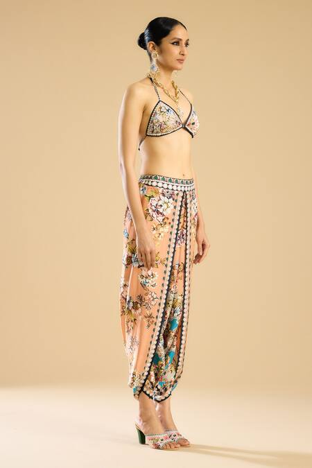 Rajdeep Ranawat_Ivory Lycra Sequins, Embroidery Bridgette Garden Print Bralette _Online_at_Aza_Fashions