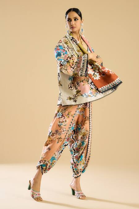 Buy Rajdeep Ranawat Ivory Modal, Satin Embroidery Sonth Flower Print Dhoti Pant Buy_Rajdeep Ranawat_Ivory Modal, Satin Embroidery Sonth Flower Print Dhoti Pant