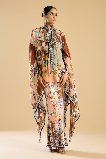 Shop_Rajdeep Ranawat_Ivory Silk Round Neck Gabriella Bloom Print Kimono Top _Online_at_Aza_Fashions