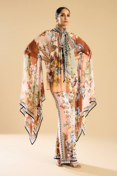 Rajdeep Ranawat_Ivory Silk Round Neck Gabriella Bloom Print Kimono Top _at_Aza_Fashions