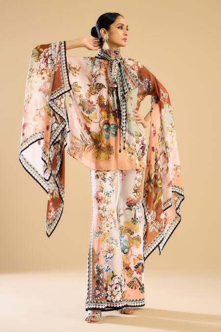 Shop_Rajdeep Ranawat_Ivory Polyester, Lycra Barika Garden Print Bell Bottom Pant _Online_at_Aza_Fashions