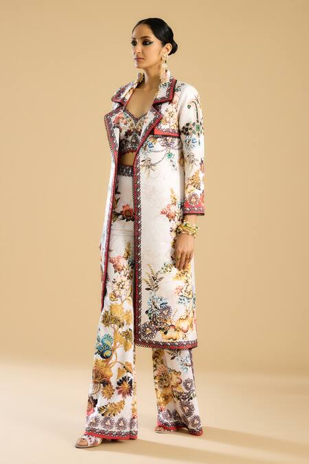 Rajdeep Ranawat_Red Silk, Modal Pearls, Crystals Collared, Freya Geometric Floral Print _Online_at_Aza_Fashions