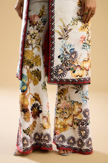 Shop_Rajdeep Ranawat_Red Silk, Modal Pearls, Crystals Collared, Freya Geometric Floral Print _Online_at_Aza_Fashions