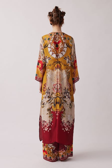 Shop_Rajdeep Ranawat_Yellow Silk, Modal Pearls V-neck Banno Abstract Floral Print Kaftan With Pant _at_Aza_Fashions