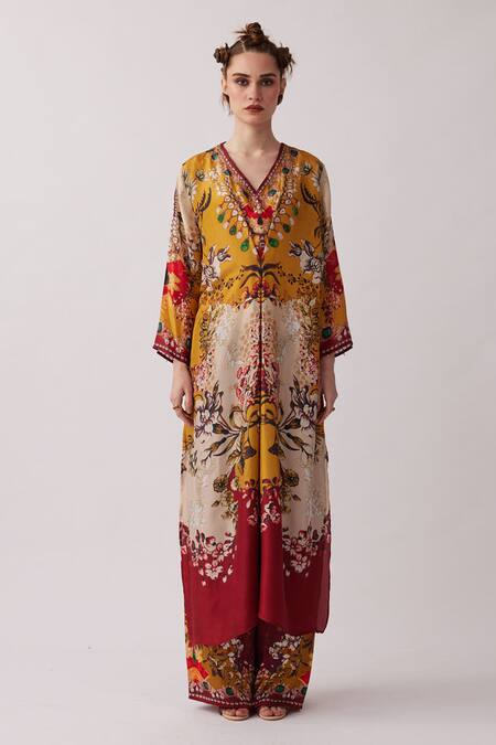 Rajdeep Ranawat_Yellow Silk, Modal Pearls V-neck Banno Abstract Floral Print Kaftan With Pant _Online_at_Aza_Fashions