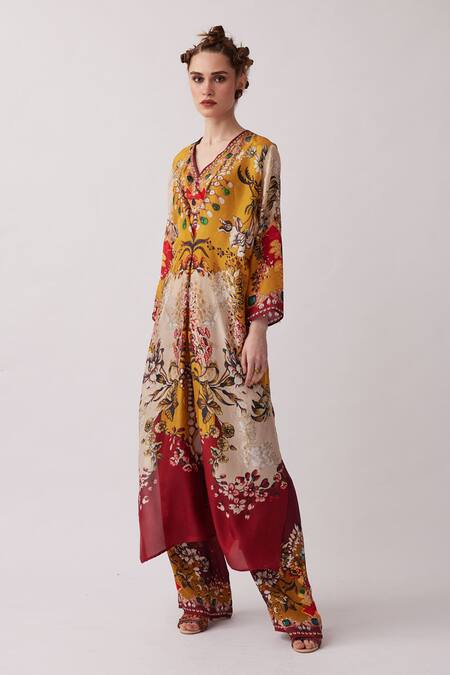 Buy_Rajdeep Ranawat_Yellow Silk, Modal Pearls V-neck Banno Abstract Floral Print Kaftan With Pant _Online_at_Aza_Fashions