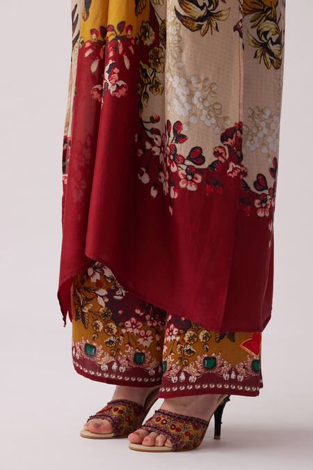 Shop_Rajdeep Ranawat_Yellow Silk, Modal Pearls V-neck Banno Abstract Floral Print Kaftan With Pant _Online_at_Aza_Fashions