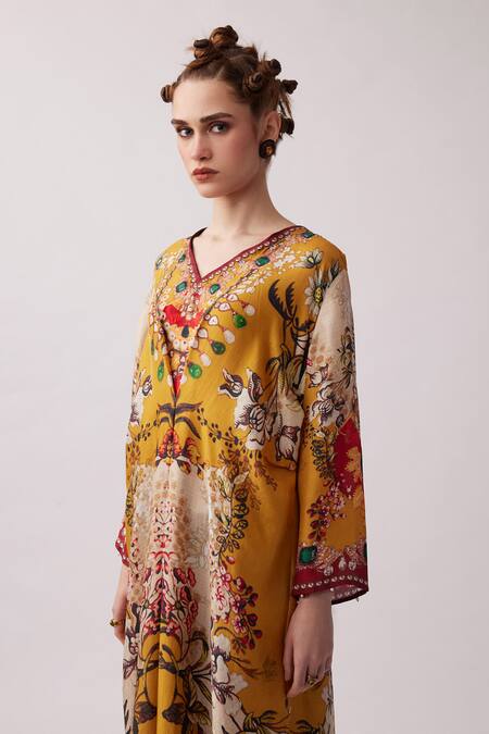 Rajdeep Ranawat_Yellow Silk, Modal Pearls V-neck Banno Abstract Floral Print Kaftan With Pant _at_Aza_Fashions