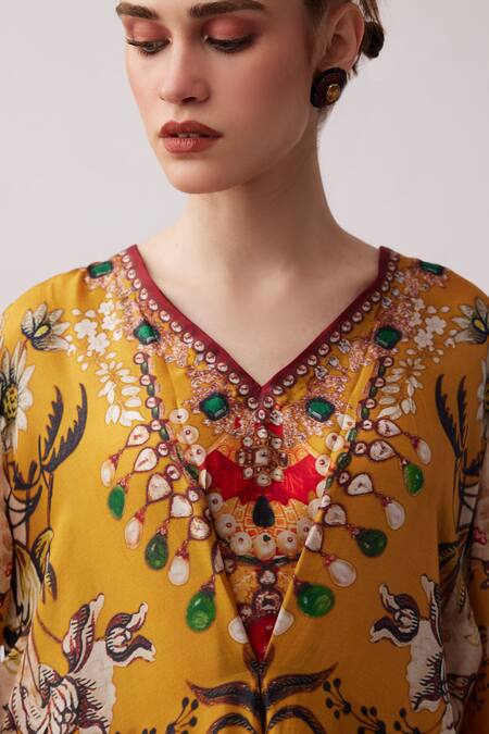 Shop_Rajdeep Ranawat_Yellow Silk, Modal Pearls V-neck Banno Abstract Floral Print Kaftan With Pant 