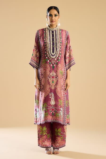 Rajdeep Ranawat_Pink Silk, Modal Pearls, Mirrors Bandeau Ghazala Damask Print Kurta With Pant _Online_at_Aza_Fashions