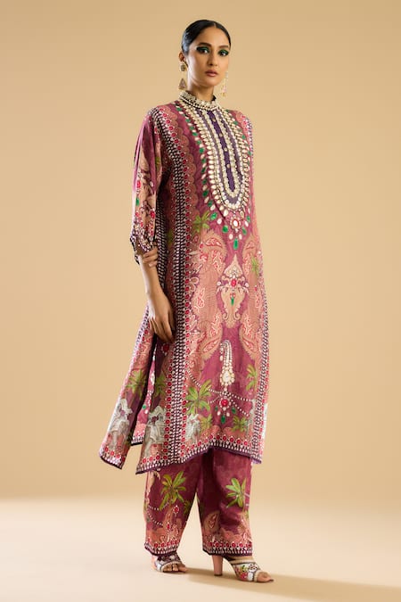 Buy_Rajdeep Ranawat_Pink Silk, Modal Pearls, Mirrors Bandeau Ghazala Damask Print Kurta With Pant _Online_at_Aza_Fashions