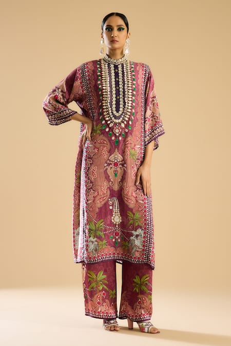 Shop_Rajdeep Ranawat_Pink Silk, Modal Pearls, Mirrors Bandeau Ghazala Damask Print Kurta With Pant _Online_at_Aza_Fashions