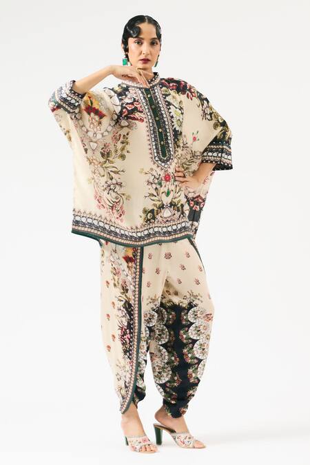 Buy_Rajdeep Ranawat_Beige Silk, Modal Crystals, Chanel Sonth Floral Print Tunic With Dhoti Pant _Online_at_Aza_Fashions